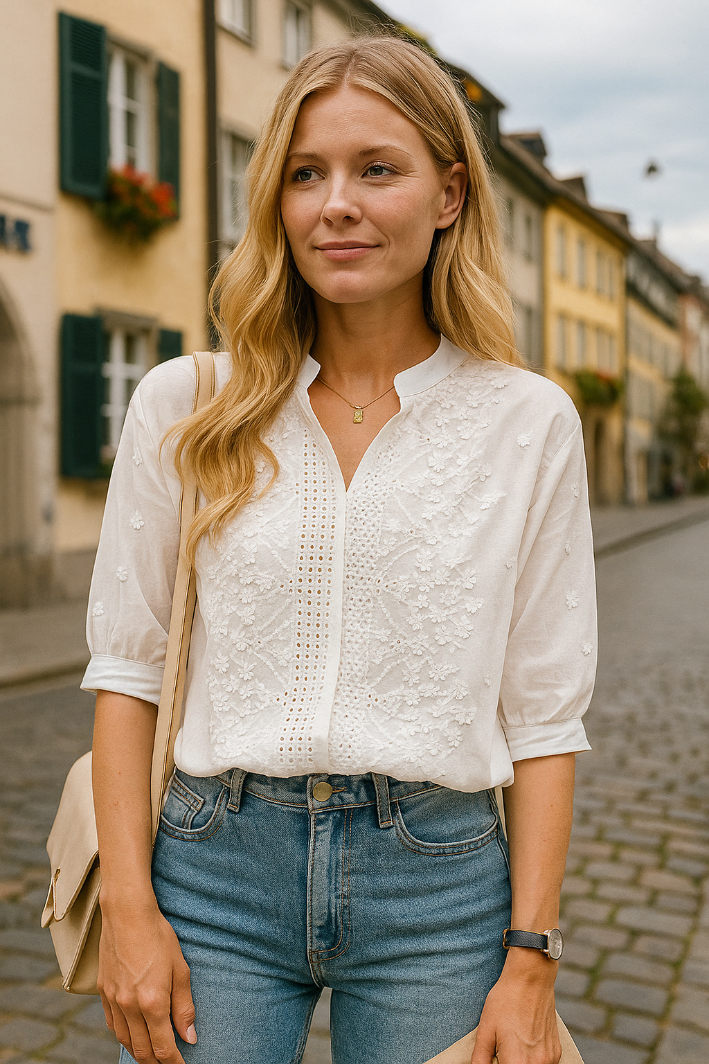 Liv – Brodert Bluse med Splittkrage